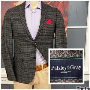 Paisley & Gray Knit Blazer Mens 40R Skinny Fit Polyester Stretch Gray/Black/Red